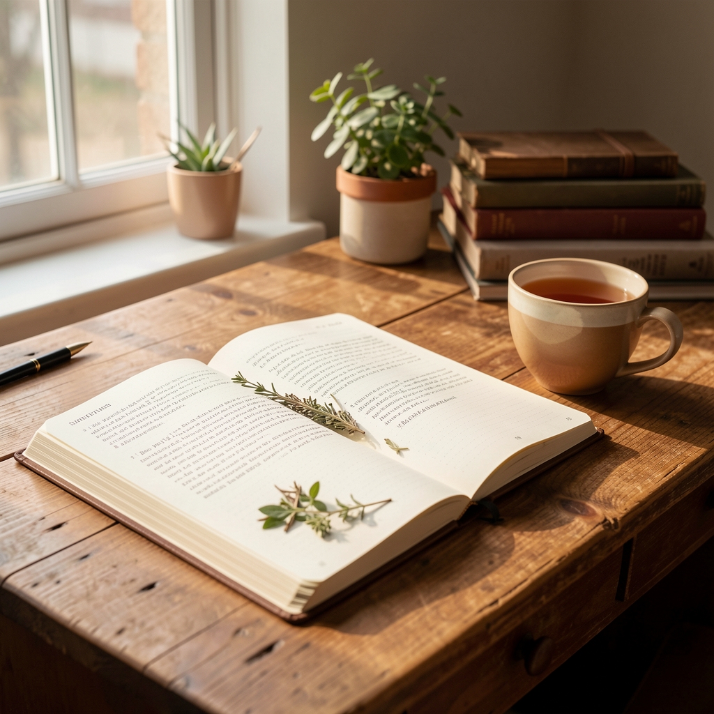 Open wellness journal and herbal tea on a wooden desk with warm natural window light, editorial workspace composition