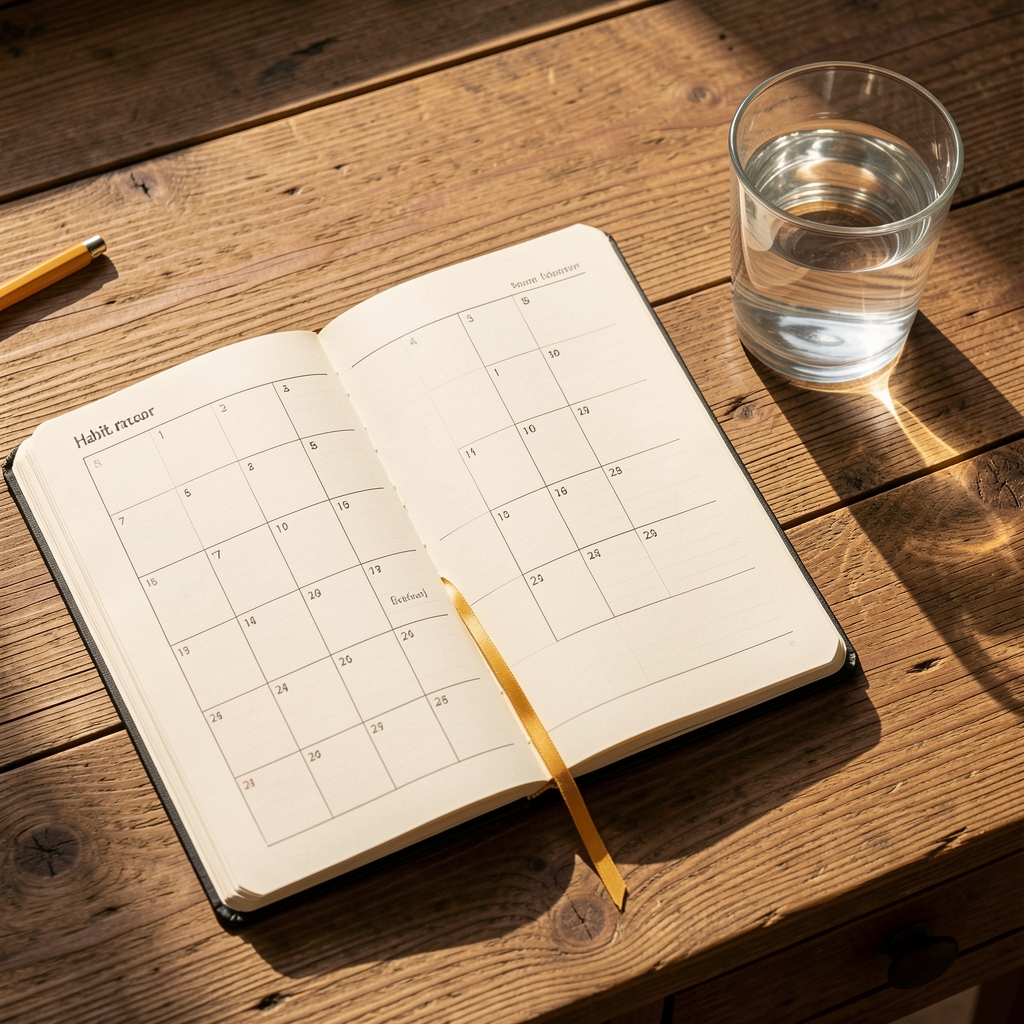 Open habit tracker notebook on a wooden desk beside a glass of water in warm natural morning light, editorial overhead shot