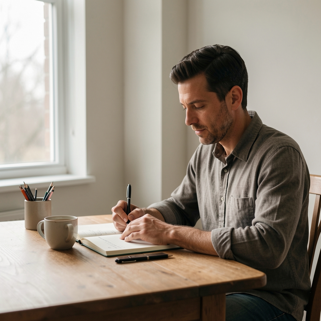Man in a quiet room journalling his morning routine by a window with soft natural daylight, editorial composition