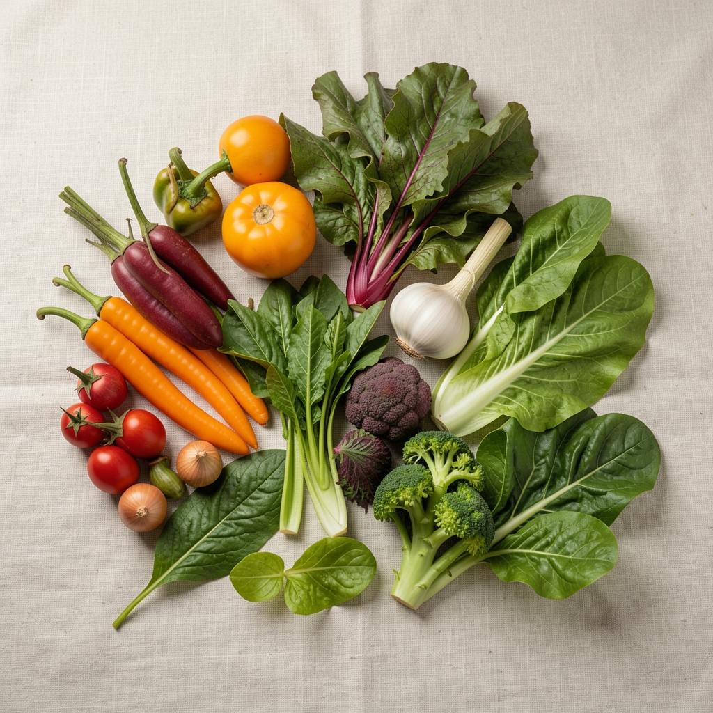Colourful selection of tropical Malaysian vegetables and leafy greens laid flat on a pale linen surface in editorial daylight