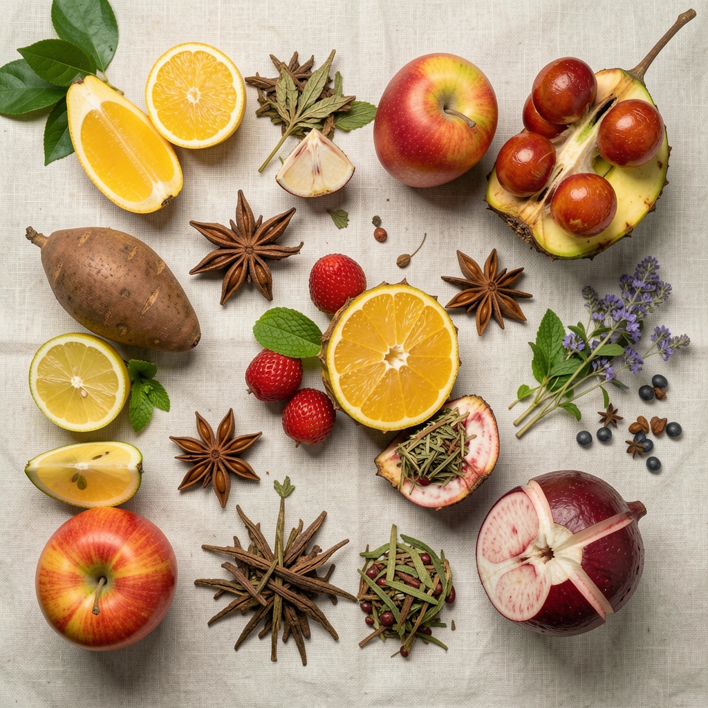 Colourful tropical fruits and traditional Malaysian herbs arranged on a pale linen surface, overhead editorial flat lay