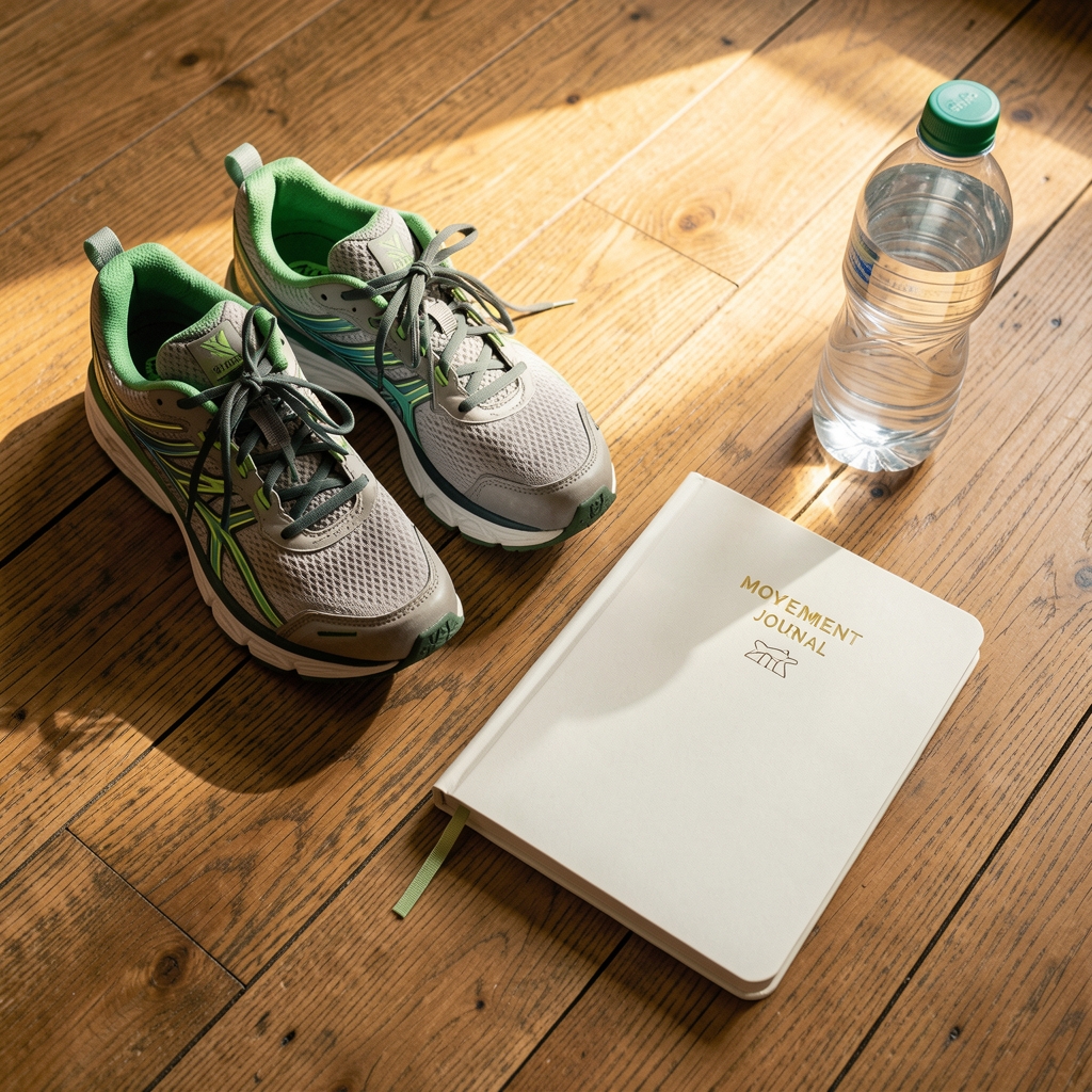 Running shoes and a movement journal notebook on a wooden floor beside a water bottle in warm morning light, editorial flat lay