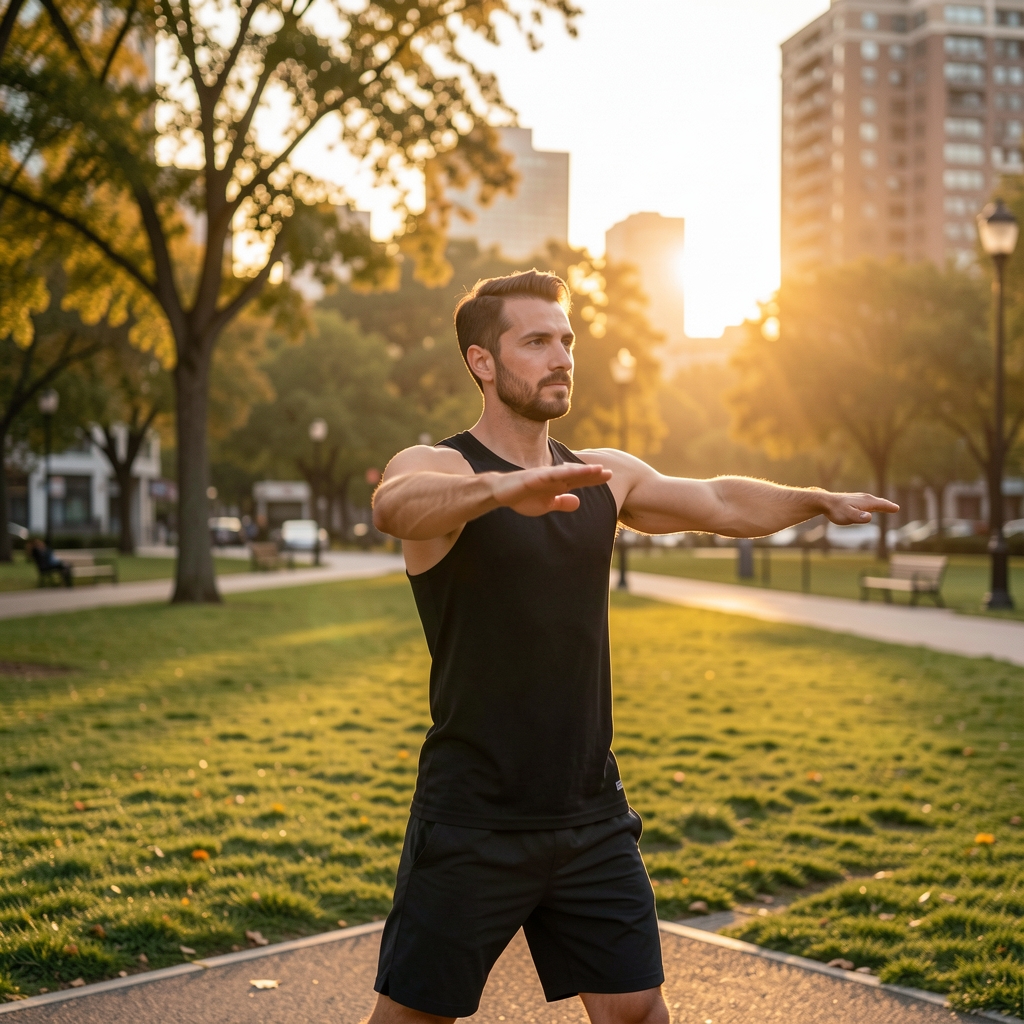 Man performing outdoor morning movement in an urban Kuala Lumpur park at sunrise, editorial action composition