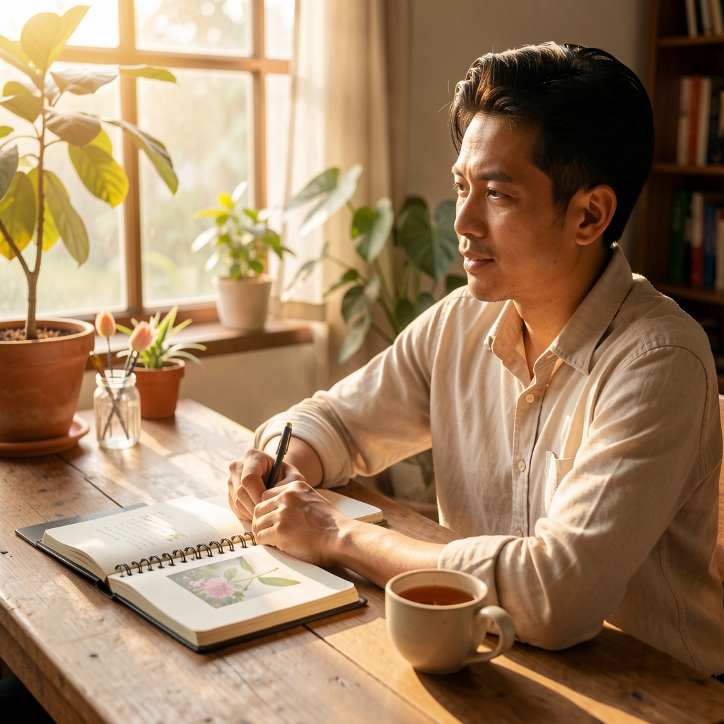 Malaysian man at a wooden desk with a wellness journal and herbal tea in warm morning light, editorial composition