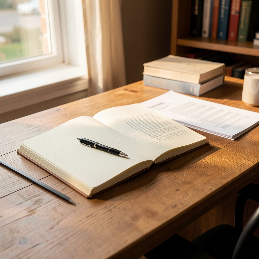 Open wellness research journal with handwritten notes and editorial mark-up on a wooden desk, natural side lighting